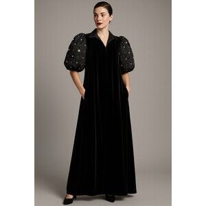 Vintage David Brown x Saks Black Velvet Maxi Gown Puff Satin Sleeves L USA Opera